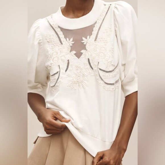 NWT By Anthropologie XS Puff-Sleeve Embellished Elbow-Sleeve Sweatshirt - Picture 5 of 13